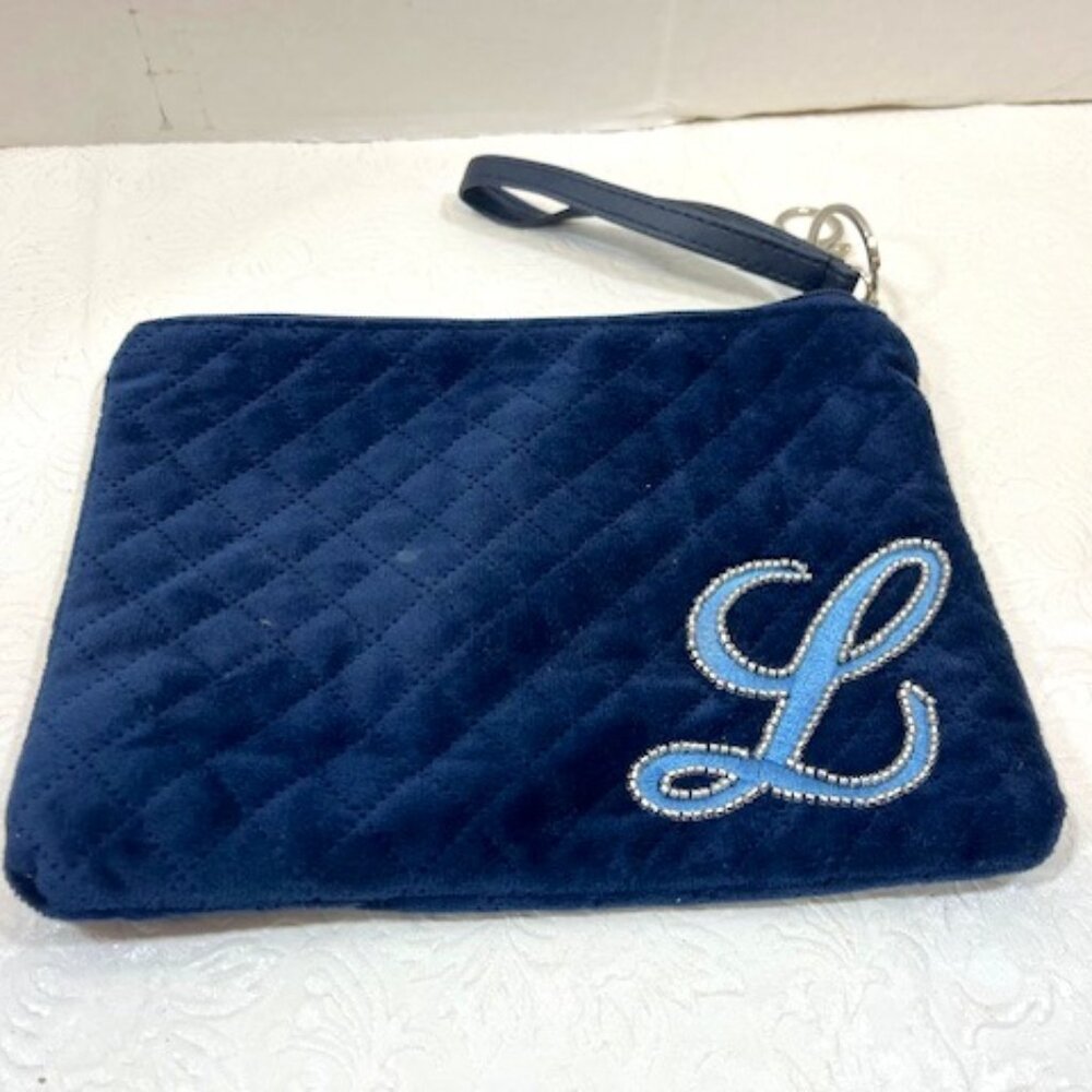 Navy Blue Quilted Velvet Letter "L" Zip Wristlet Pouch Purse Key Chain w/Clip